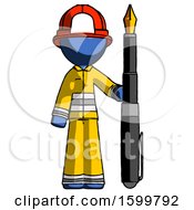 Blue Firefighter Fireman Man Holding Giant Calligraphy Pen
