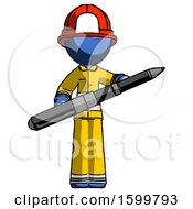 Poster, Art Print Of Blue Firefighter Fireman Man Posing Confidently With Giant Pen