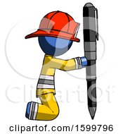 Poster, Art Print Of Blue Firefighter Fireman Man Posing With Giant Pen In Powerful Yet Awkward Manner