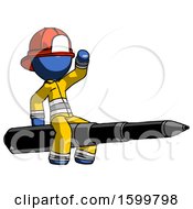Poster, Art Print Of Blue Firefighter Fireman Man Riding A Pen Like A Giant Rocket