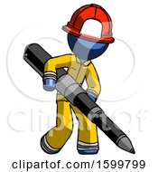 Poster, Art Print Of Blue Firefighter Fireman Man Writing With A Really Big Pen
