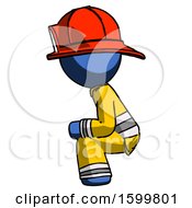 Poster, Art Print Of Blue Firefighter Fireman Man Squatting Facing Left