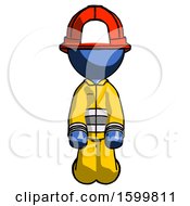 Poster, Art Print Of Blue Firefighter Fireman Man Kneeling Front Pose