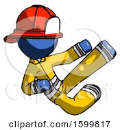 Poster, Art Print Of Blue Firefighter Fireman Man Flying Ninja Kick Right