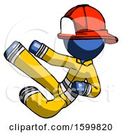 Poster, Art Print Of Blue Firefighter Fireman Man Flying Ninja Kick Left