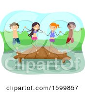 Group Of Teenagers Holding Hands And Jumping From A Dock Into A Lake