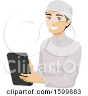 Clipart Of A Teen Muslim Guy Holding A Tablet Royalty Free Vector Illustration