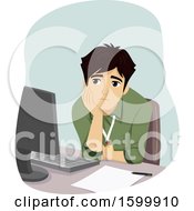 Clipart Of A Teenage Guy Intern Bored At Work Staring At A Computer Royalty Free Vector Illustration