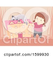 Poster, Art Print Of Happy White Girl With A Pet Cat Sleeping On Her Doll House