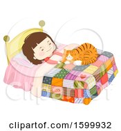 Poster, Art Print Of Brunette White Girl Sleeping Happily With A Ginger Cat On Her Bed