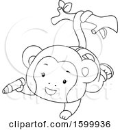 Poster, Art Print Of Lineart Monkey Hanging From Its Tail And Holding A Crayon