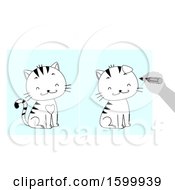 Poster, Art Print Of Hand Holding A Marker Playing Spot The Difference Between Two Drawings Of A Smiling Cat