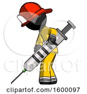 Poster, Art Print Of Black Firefighter Fireman Man Using Syringe Giving Injection