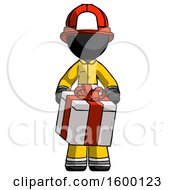 Poster, Art Print Of Black Firefighter Fireman Man Gifting Present With Large Bow Front View