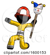 Poster, Art Print Of Black Firefighter Fireman Man Holding Jester Staff Posing Charismatically