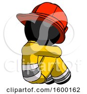 Black Firefighter Fireman Man Sitting With Head Down Back View Facing Right