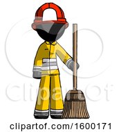 Poster, Art Print Of Black Firefighter Fireman Man Standing With Broom Cleaning Services