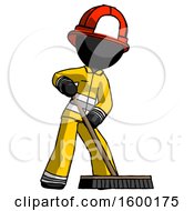 Black Firefighter Fireman Man Cleaning Services Janitor Sweeping Floor With Push Broom