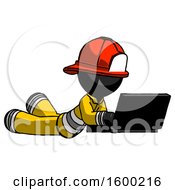 Poster, Art Print Of Black Firefighter Fireman Man Using Laptop Computer While Lying On Floor Side Angled View