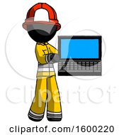 Poster, Art Print Of Black Firefighter Fireman Man Holding Laptop Computer Presenting Something On Screen