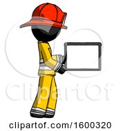 Poster, Art Print Of Black Firefighter Fireman Man Show Tablet Device Computer To Viewer Blank Area