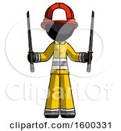 Poster, Art Print Of Black Firefighter Fireman Man Posing With Two Ninja Sword Katanas Up