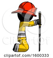 Poster, Art Print Of Black Firefighter Fireman Man Kneeling With Ninja Sword Katana Showing Respect