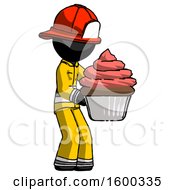 Poster, Art Print Of Black Firefighter Fireman Man Holding Large Cupcake Ready To Eat Or Serve