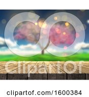 Poster, Art Print Of 3d Wood Surface And Blurred View Of A Spring Tree