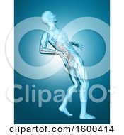 Clipart Of A 3d Medical Male Figure Holding His Back In Pain With Visible Skeleton Over Blue Royalty Free Illustration