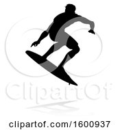 Clipart Of A Silhouetted Surfer With A Reflection Or Shadow On A White Background Royalty Free Vector Illustration by AtStockIllustration