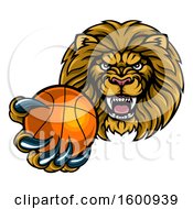 Poster, Art Print Of Tough Lion Monster Mascot Holding Out A Basketball In One Clawed Paw