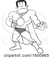 Clipart Of A Black And White Cartoon Male Super Hero With A Blacnk Monogram Royalty Free Vector Illustration