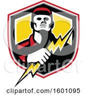 Clipart Of A Retro Male Electrician Holding A Bolt In A Shield Royalty Free Vector Illustration