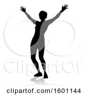 Clipart Of A Silhouetted Woman Cheering With A Shadow On A White Background Royalty Free Vector Illustration