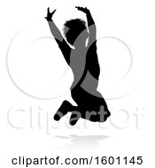 Clipart Of A Silhouetted Child Jumping With A Shadow On A White Background Royalty Free Vector Illustration