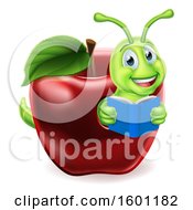 Poster, Art Print Of Cartoon Happy Green Book Worm Reading In A Red Apple