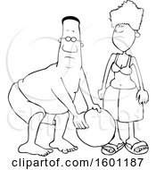 Clipart Of A Cartoon Lineart Black Couple Playing With A Ball At The Beach Royalty Free Vector Illustration by djart