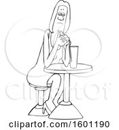 Clipart Of A Cartoon Lineart Black Woman Sitting With A Cocktail At A Table Royalty Free Vector Illustration