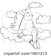 Clipart Of A Cartoon Lineart Black Male Angel Sitting On The Clouds Of Heaven Royalty Free Vector Illustration