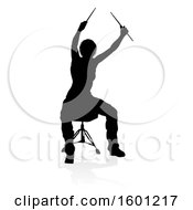 Clipart Of A Silhouetted Female Drummer With A Reflection Or Shadow On A White Background Royalty Free Vector Illustration