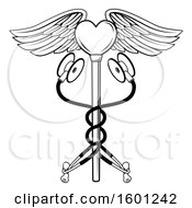 Clipart Of A Black And White Medical Caduceus With Stethoscopes And A Winged Heart Royalty Free Vector Illustration