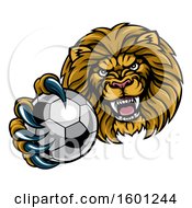 Poster, Art Print Of Tough Lion Monster Mascot Holding Out A Soccer Ball In One Clawed Paw
