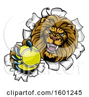 Poster, Art Print Of Tough Lion Sports Mascot Holding Out A Tennis Ball And Breaking Through A Wall