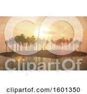 Poster, Art Print Of 3d Silhouetted Tropical Island With Palm Trees At Sunset
