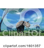 Clipart Of A 3d Landscape With Elephants And A Rhino Royalty Free Illustration by KJ Pargeter