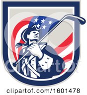 Poster, Art Print Of Retro American Revolutionary Soldier Patriot Minuteman With A Hockey Stick Flag In A Crest