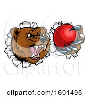 Clipart Of A Bear Sports Mascot Breaking Through A Wall With A Cricket Ball In A Paw Royalty Free Vector Illustration