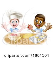 Clipart Of Happy White And Black Boys Making Frosting And Cookies Royalty Free Vector Illustration
