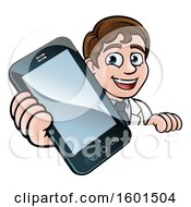 Poster, Art Print Of Happy White Male Scientist Holding A Cell Phone Over A Sign